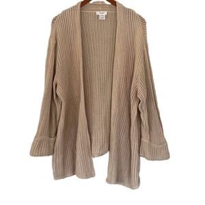 Kate Hill Tan Cotton Open Knit Open Front Long Cardigan Cuffed Sleeve 3X
